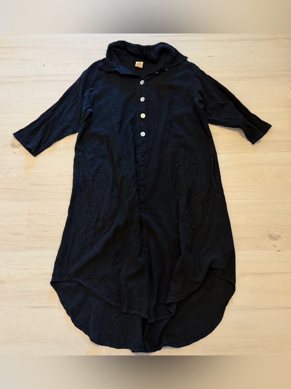 Abaca Relaxed Over Size Black Button-Front Long Sleeve Dress